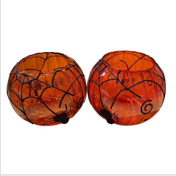 Pier 1 Orange Glass Candle Holders Black Spider Web Circle Blown Halloween